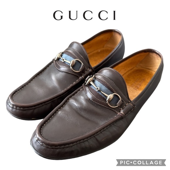 Gucci Brown Leather Horsebit Stripe Loafers shoes size 10.5 - Picture 1 of 12